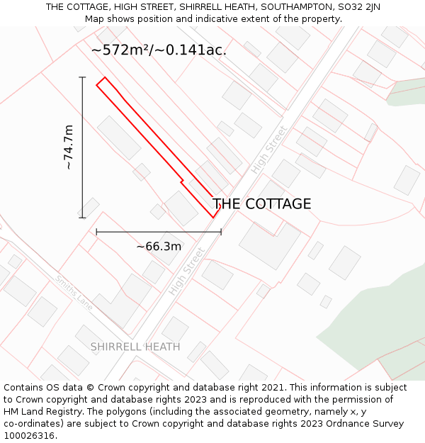 THE COTTAGE, HIGH STREET, SHIRRELL HEATH, SOUTHAMPTON, SO32 2JN: Plot and title map