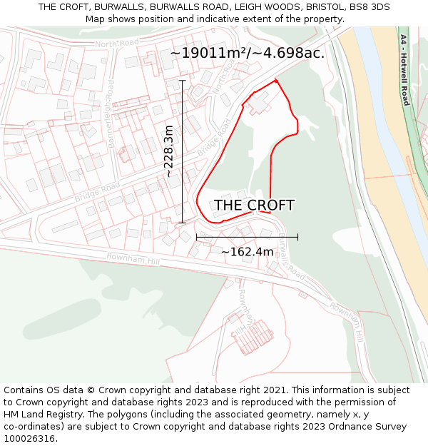 THE CROFT, BURWALLS, BURWALLS ROAD, LEIGH WOODS, BRISTOL, BS8 3DS: Plot and title map