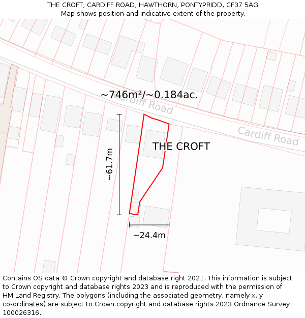 THE CROFT, CARDIFF ROAD, HAWTHORN, PONTYPRIDD, CF37 5AG: Plot and title map