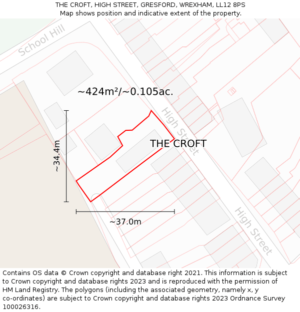 THE CROFT, HIGH STREET, GRESFORD, WREXHAM, LL12 8PS: Plot and title map