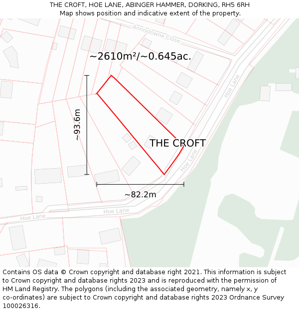 THE CROFT, HOE LANE, ABINGER HAMMER, DORKING, RH5 6RH: Plot and title map