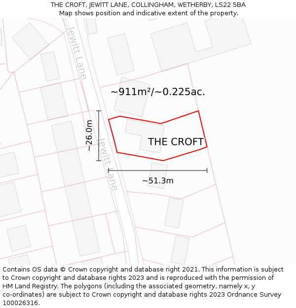THE CROFT, JEWITT LANE, COLLINGHAM, WETHERBY, LS22 5BA: Plot and title map
