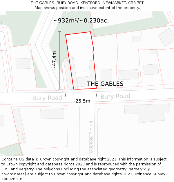 THE GABLES, BURY ROAD, KENTFORD, NEWMARKET, CB8 7PT: Plot and title map