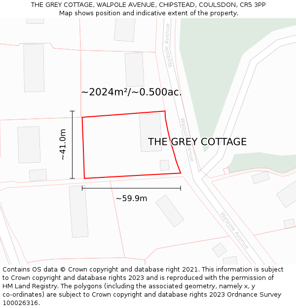 THE GREY COTTAGE, WALPOLE AVENUE, CHIPSTEAD, COULSDON, CR5 3PP: Plot and title map