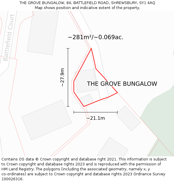 THE GROVE BUNGALOW, 84, BATTLEFIELD ROAD, SHREWSBURY, SY1 4AQ: Plot and title map