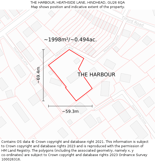 THE HARBOUR, HEATHSIDE LANE, HINDHEAD, GU26 6QA: Plot and title map