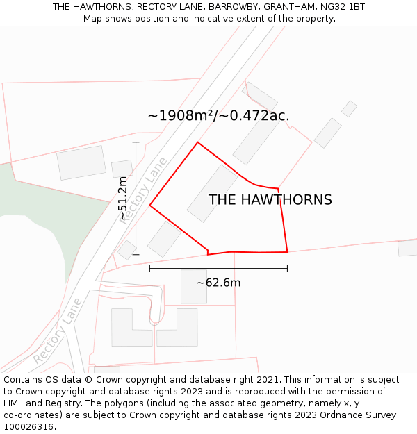 THE HAWTHORNS, RECTORY LANE, BARROWBY, GRANTHAM, NG32 1BT: Plot and title map