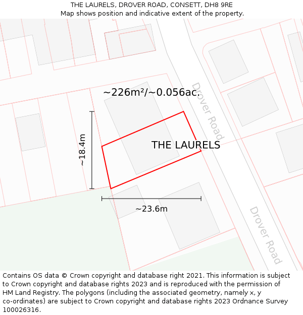 THE LAURELS, DROVER ROAD, CONSETT, DH8 9RE: Plot and title map