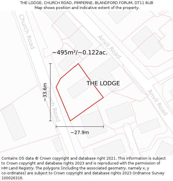 THE LODGE, CHURCH ROAD, PIMPERNE, BLANDFORD FORUM, DT11 8UB: Plot and title map