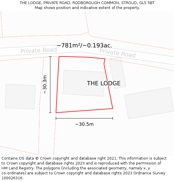 THE LODGE, PRIVATE ROAD, RODBOROUGH COMMON, STROUD, GL5 5BT: Plot and title map