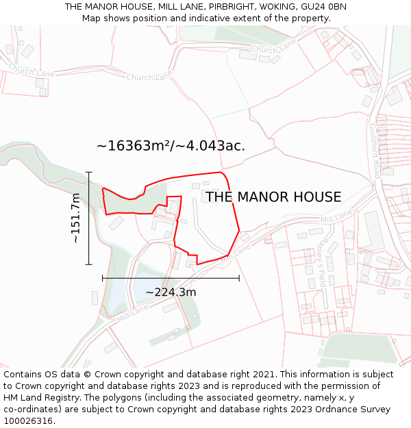 THE MANOR HOUSE, MILL LANE, PIRBRIGHT, WOKING, GU24 0BN: Plot and title map