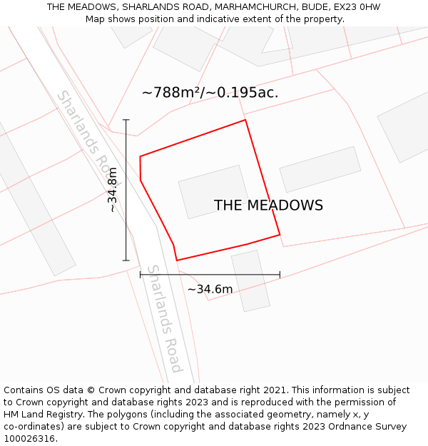 THE MEADOWS, SHARLANDS ROAD, MARHAMCHURCH, BUDE, EX23 0HW: Plot and title map