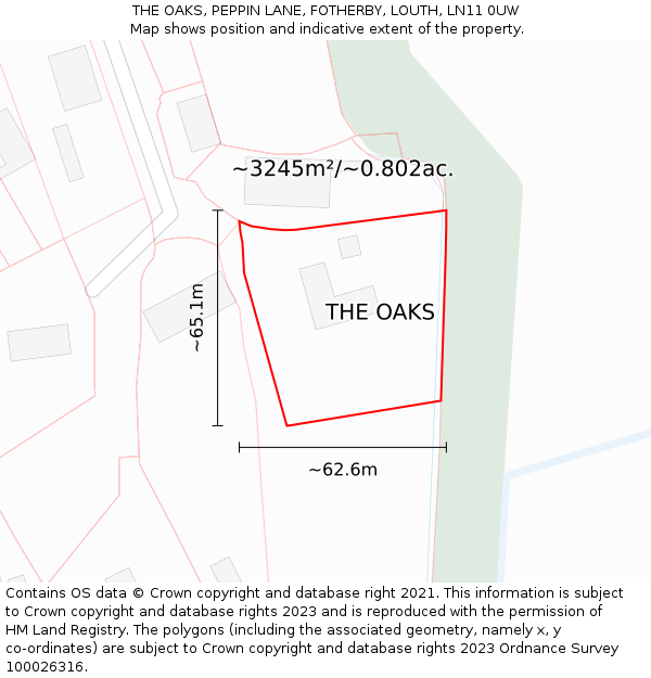 THE OAKS, PEPPIN LANE, FOTHERBY, LOUTH, LN11 0UW: Plot and title map