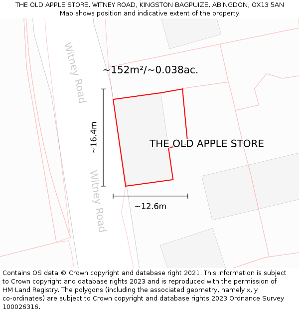 THE OLD APPLE STORE, WITNEY ROAD, KINGSTON BAGPUIZE, ABINGDON, OX13 5AN: Plot and title map