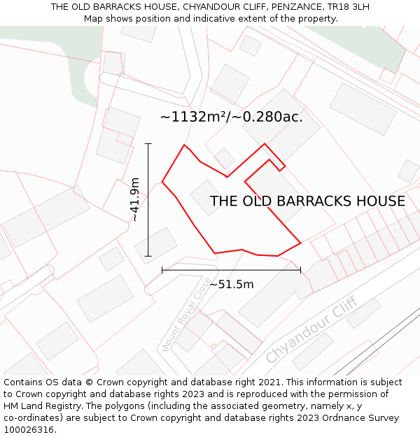 THE OLD BARRACKS HOUSE, CHYANDOUR CLIFF, PENZANCE, TR18 3LH: Plot and title map