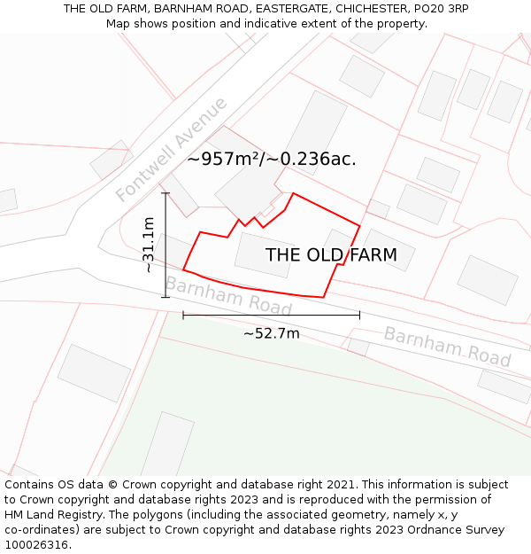 THE OLD FARM, BARNHAM ROAD, EASTERGATE, CHICHESTER, PO20 3RP: Plot and title map