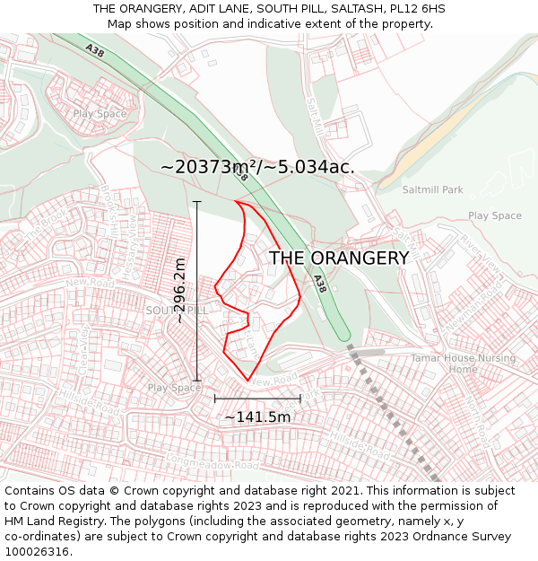 THE ORANGERY, ADIT LANE, SOUTH PILL, SALTASH, PL12 6HS: Plot and title map