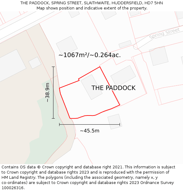 THE PADDOCK, SPRING STREET, SLAITHWAITE, HUDDERSFIELD, HD7 5HN: Plot and title map