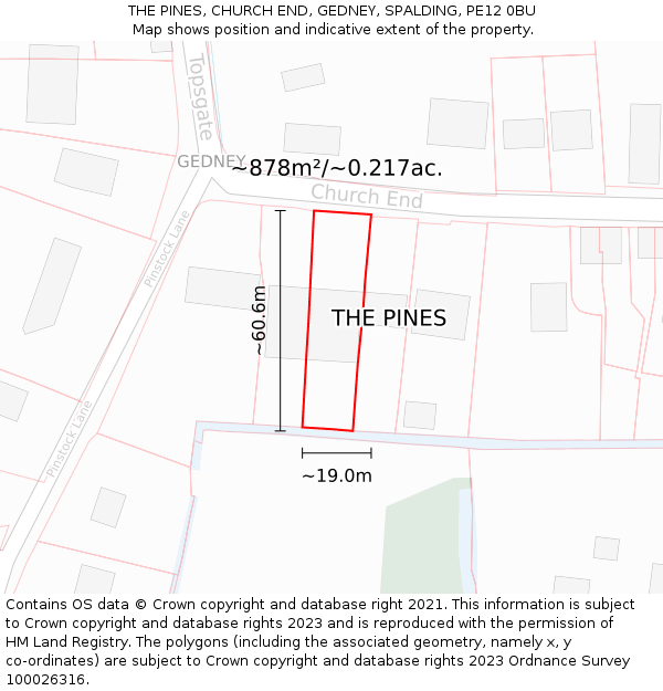 THE PINES, CHURCH END, GEDNEY, SPALDING, PE12 0BU: Plot and title map