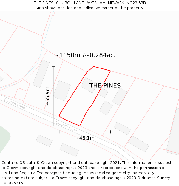 THE PINES, CHURCH LANE, AVERHAM, NEWARK, NG23 5RB: Plot and title map