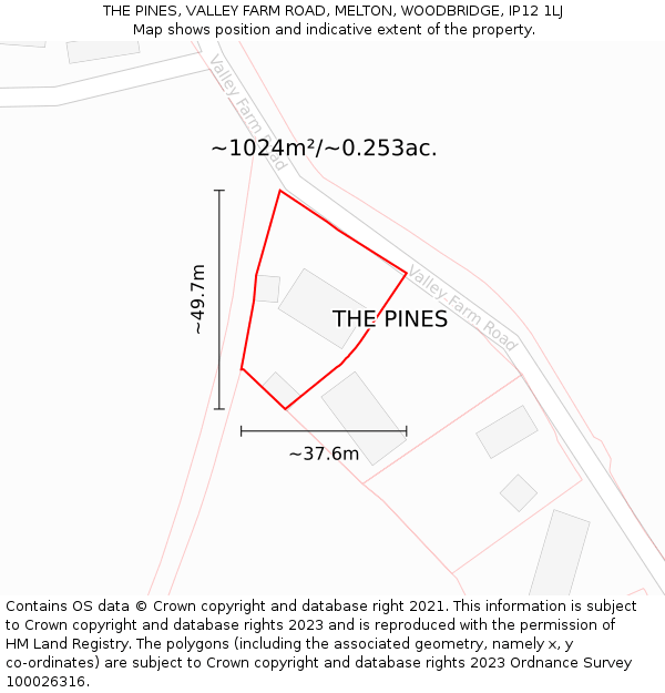 THE PINES, VALLEY FARM ROAD, MELTON, WOODBRIDGE, IP12 1LJ: Plot and title map