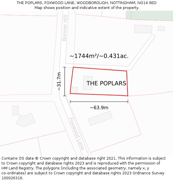 THE POPLARS, FOXWOOD LANE, WOODBOROUGH, NOTTINGHAM, NG14 6ED: Plot and title map