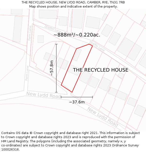 THE RECYCLED HOUSE, NEW LYDD ROAD, CAMBER, RYE, TN31 7RB: Plot and title map