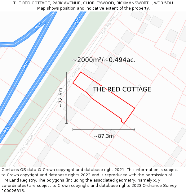 THE RED COTTAGE, PARK AVENUE, CHORLEYWOOD, RICKMANSWORTH, WD3 5DU: Plot and title map