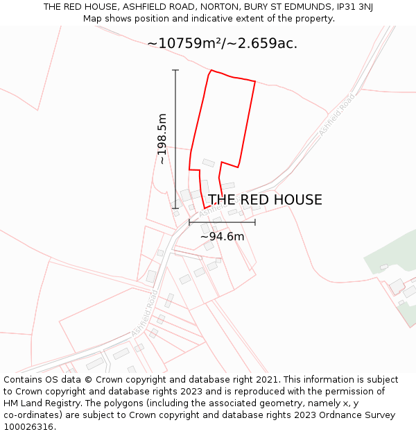 THE RED HOUSE, ASHFIELD ROAD, NORTON, BURY ST EDMUNDS, IP31 3NJ: Plot and title map