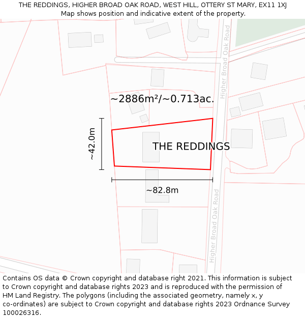 THE REDDINGS, HIGHER BROAD OAK ROAD, WEST HILL, OTTERY ST MARY, EX11 1XJ: Plot and title map