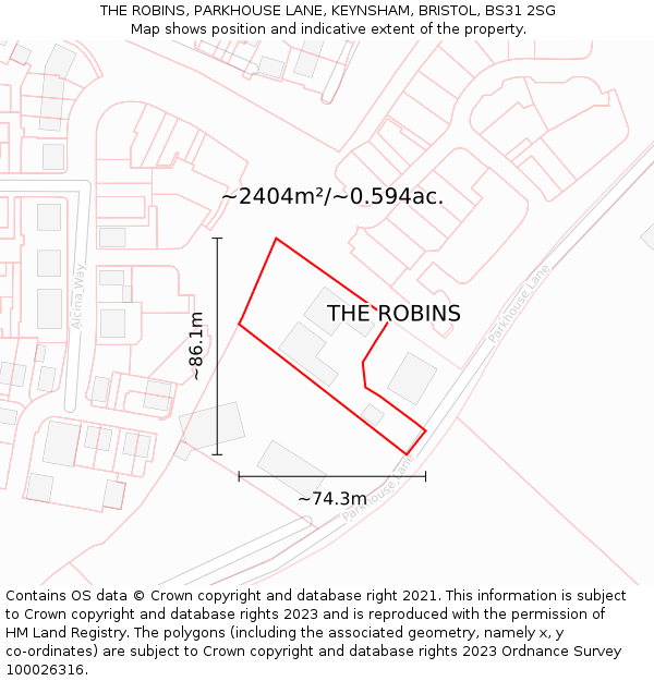 THE ROBINS, PARKHOUSE LANE, KEYNSHAM, BRISTOL, BS31 2SG: Plot and title map