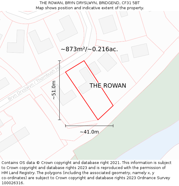 THE ROWAN, BRYN DRYSLWYN, BRIDGEND, CF31 5BT: Plot and title map