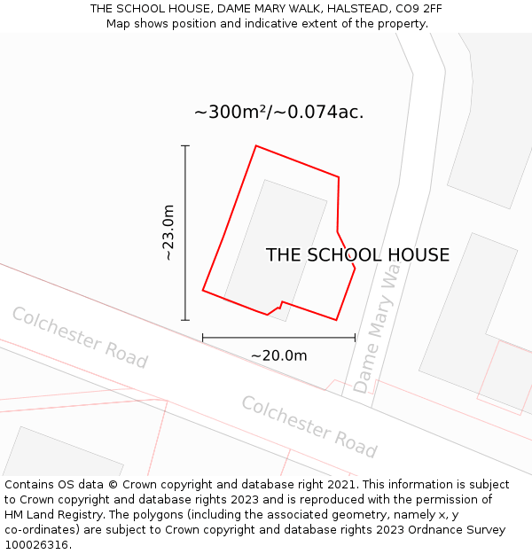 THE SCHOOL HOUSE, DAME MARY WALK, HALSTEAD, CO9 2FF: Plot and title map