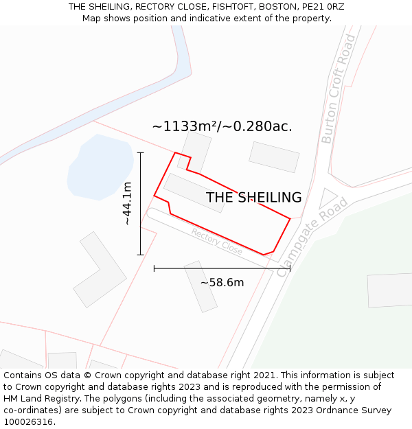 THE SHEILING, RECTORY CLOSE, FISHTOFT, BOSTON, PE21 0RZ: Plot and title map