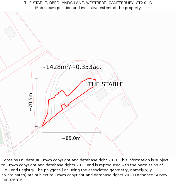 THE STABLE, BREDLANDS LANE, WESTBERE, CANTERBURY, CT2 0HD: Plot and title map