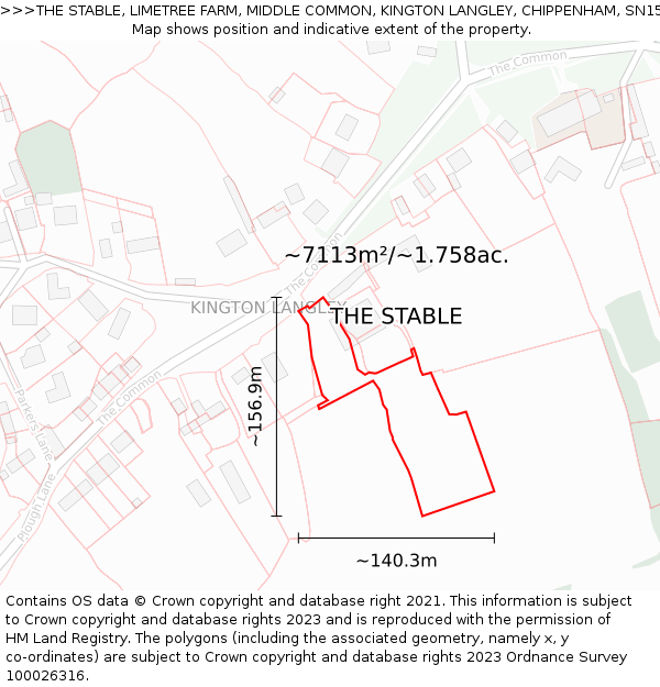 THE STABLE, LIMETREE FARM, MIDDLE COMMON, KINGTON LANGLEY, CHIPPENHAM, SN15 5NW: Plot and title map