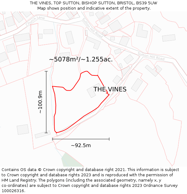 THE VINES, TOP SUTTON, BISHOP SUTTON, BRISTOL, BS39 5UW: Plot and title map