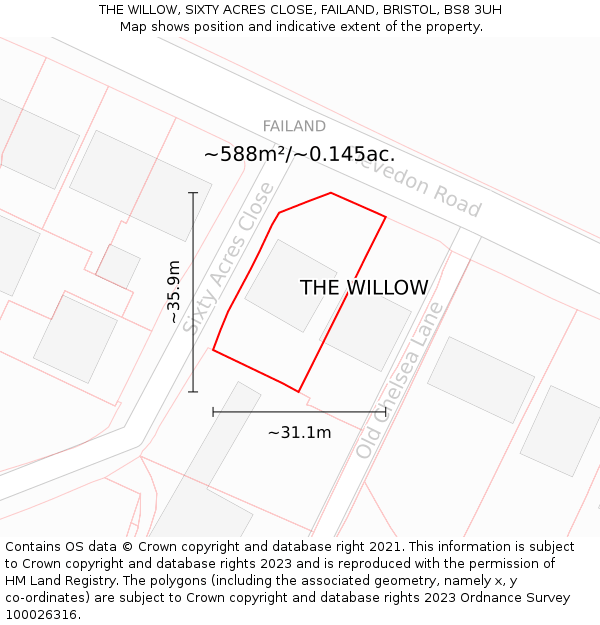 THE WILLOW, SIXTY ACRES CLOSE, FAILAND, BRISTOL, BS8 3UH: Plot and title map