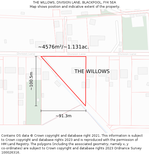 THE WILLOWS, DIVISION LANE, BLACKPOOL, FY4 5EA: Plot and title map