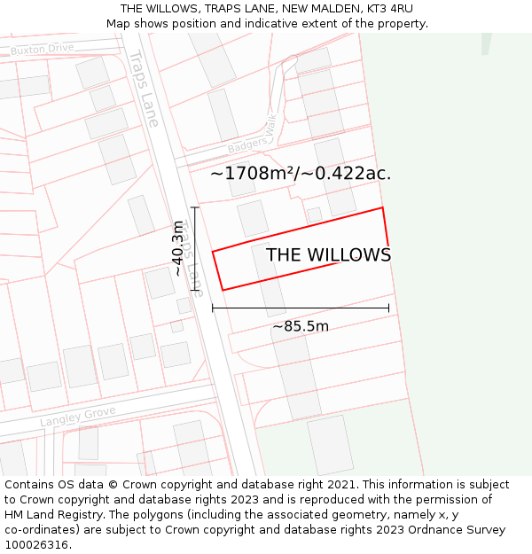 THE WILLOWS, TRAPS LANE, NEW MALDEN, KT3 4RU: Plot and title map