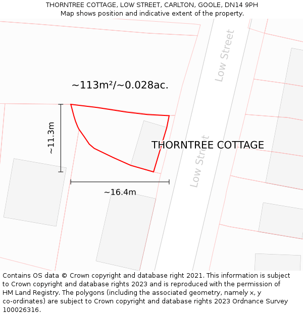 THORNTREE COTTAGE, LOW STREET, CARLTON, GOOLE, DN14 9PH: Plot and title map