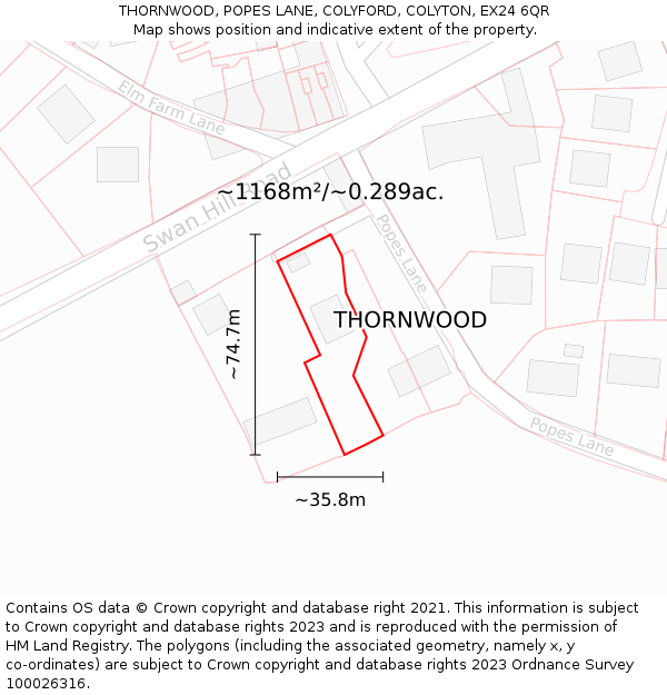 THORNWOOD, POPES LANE, COLYFORD, COLYTON, EX24 6QR: Plot and title map