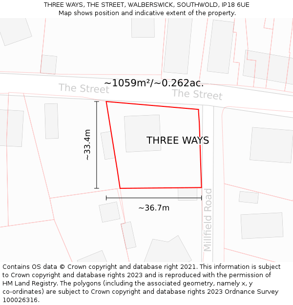 THREE WAYS, THE STREET, WALBERSWICK, SOUTHWOLD, IP18 6UE: Plot and title map