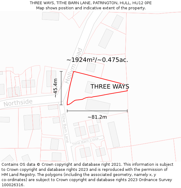 THREE WAYS, TITHE BARN LANE, PATRINGTON, HULL, HU12 0PE: Plot and title map