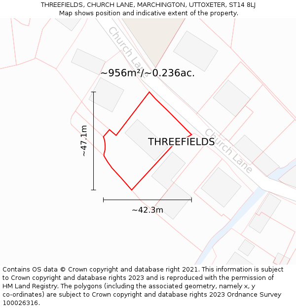 THREEFIELDS, CHURCH LANE, MARCHINGTON, UTTOXETER, ST14 8LJ: Plot and title map