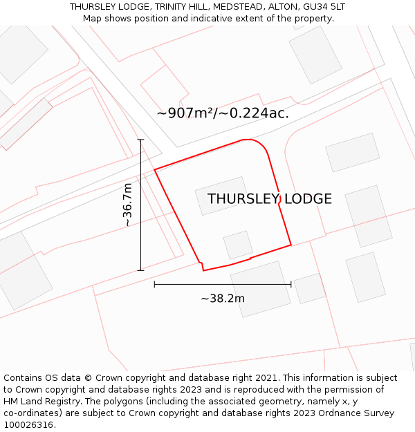 THURSLEY LODGE, TRINITY HILL, MEDSTEAD, ALTON, GU34 5LT: Plot and title map