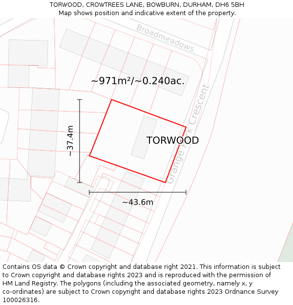 TORWOOD, CROWTREES LANE, BOWBURN, DURHAM, DH6 5BH: Plot and title map