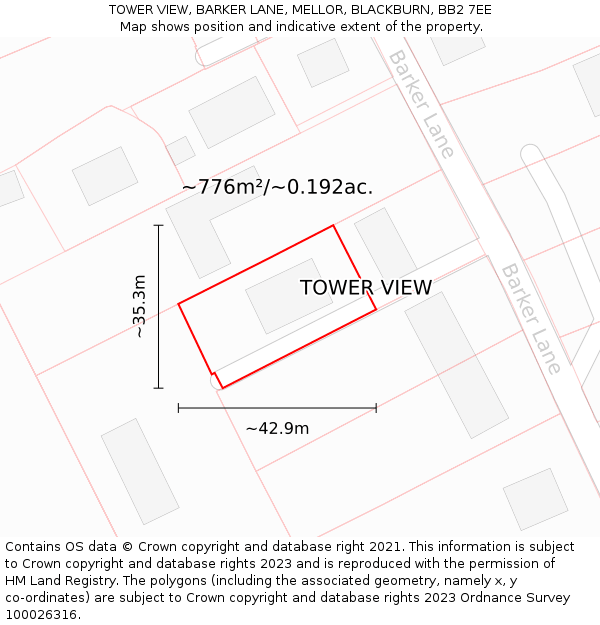 TOWER VIEW, BARKER LANE, MELLOR, BLACKBURN, BB2 7EE: Plot and title map