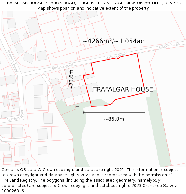 TRAFALGAR HOUSE, STATION ROAD, HEIGHINGTON VILLAGE, NEWTON AYCLIFFE, DL5 6PU: Plot and title map