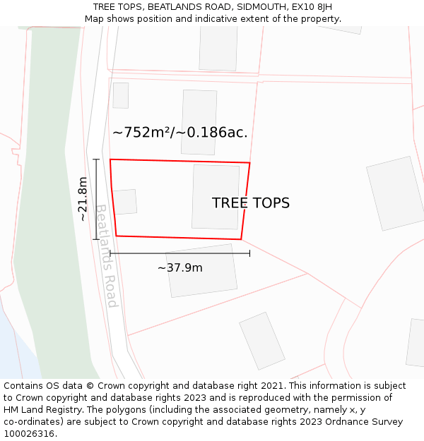 TREE TOPS, BEATLANDS ROAD, SIDMOUTH, EX10 8JH: Plot and title map